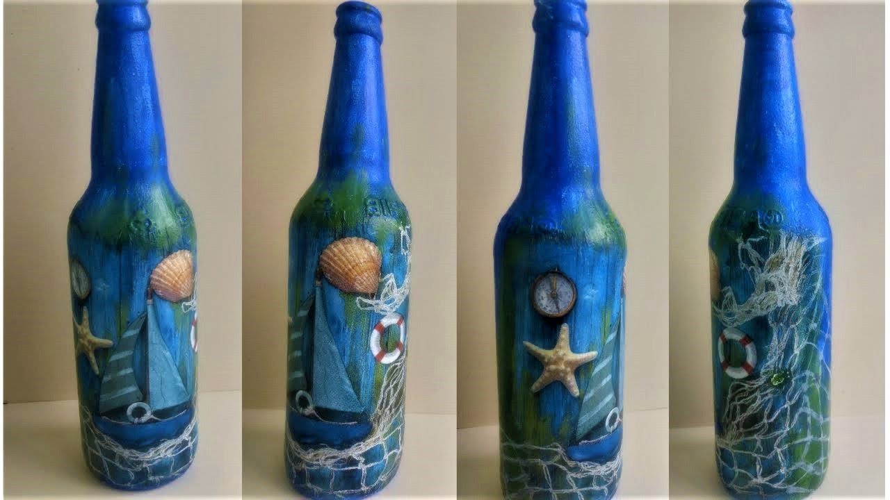 Decoupage on bottle Bottle art Decoupage on glass Beach themed
