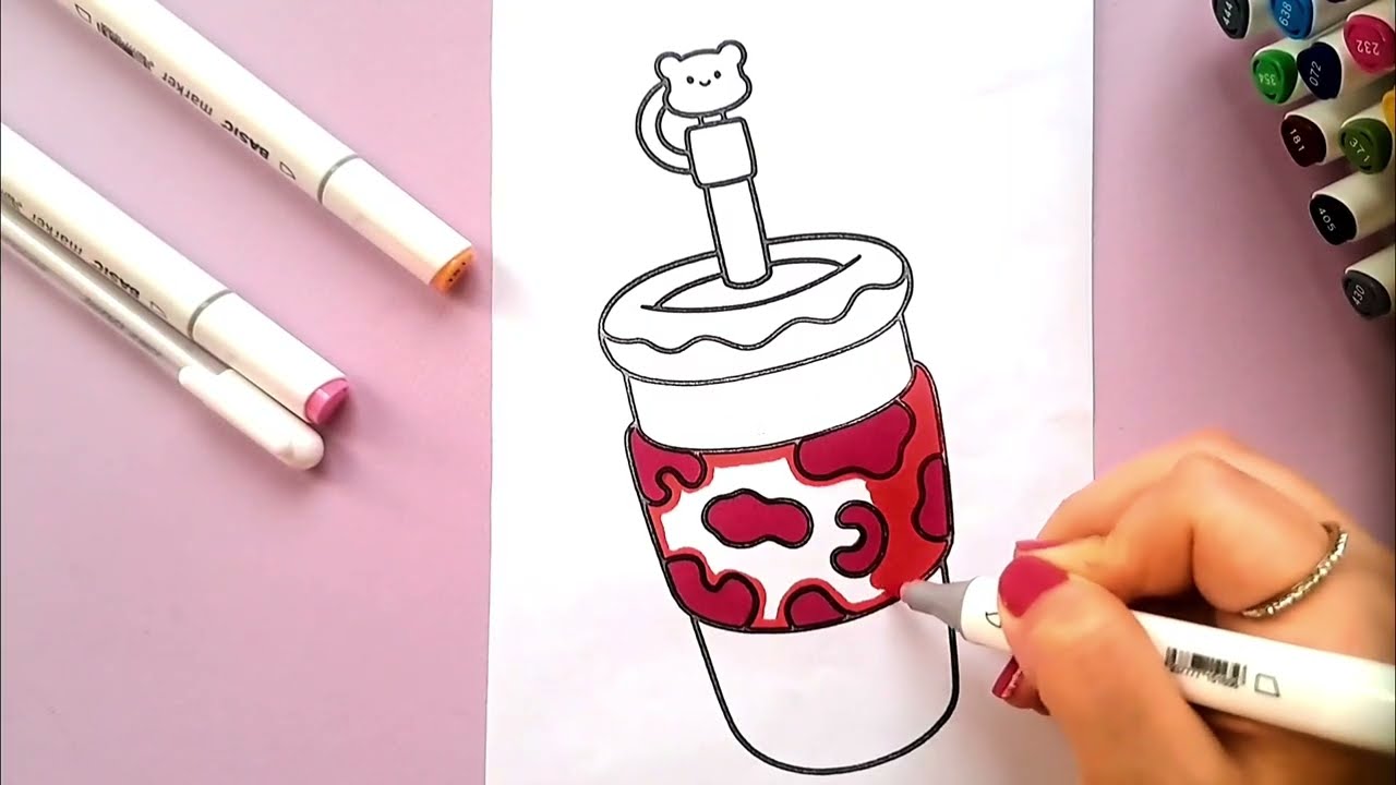 Cute Cup Illustration ASMR 🍓🎀🧋✨🐻 #coloring #drawing#asmrcoloring #relaxingvideo #cutedrawing