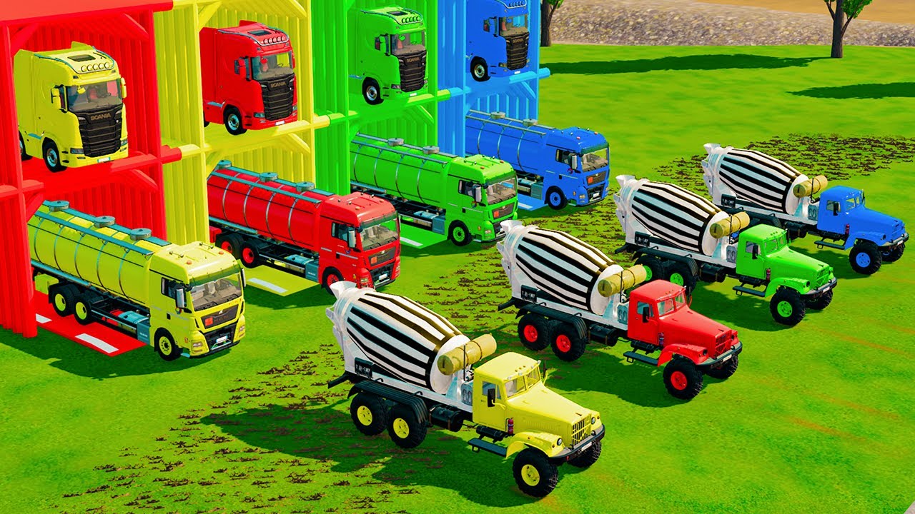 Garage with Colors - ALL MIXER TRUCK WITH DOUBLE FLATBED TRAILER TRUCK, DAF, SCANIA, KAMAZ - FS22