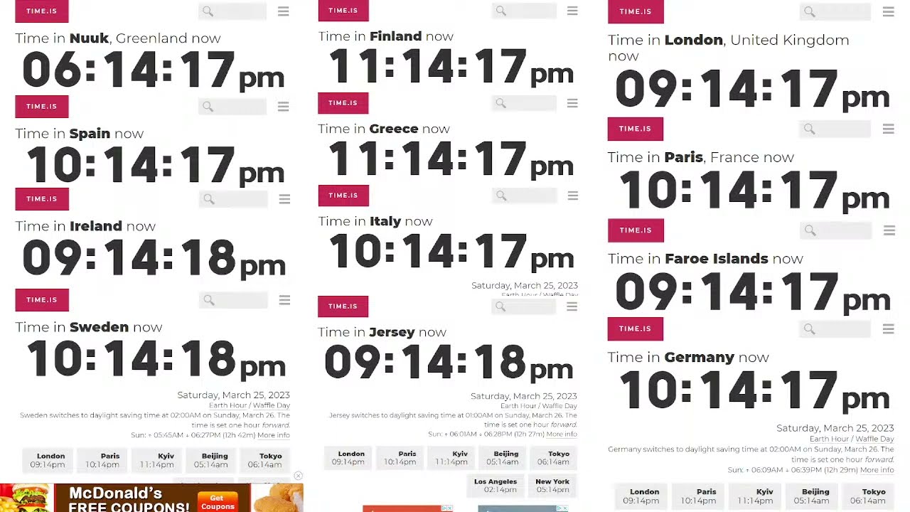 🔴Live Daylight Savings Starts in Greenland, Europe, Finland, Sweden on time.is on March, 26 2023