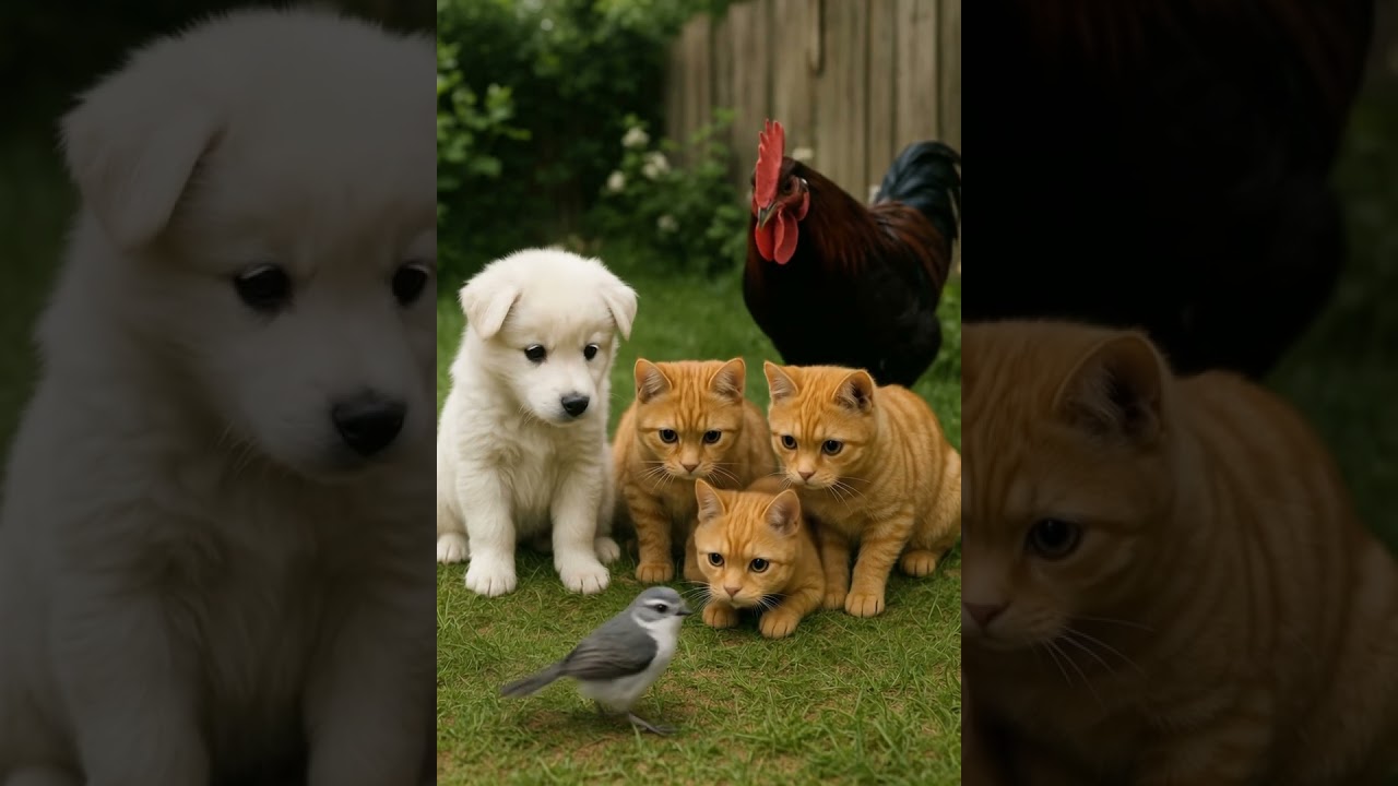 Puppies & Kittens Meet Bird in Backyard! | 子犬と子猫が裏庭で小鳥に遭遇！ | 강아지와 고양이가 뒷마당에서 새를 만났다!