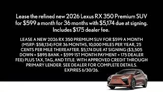New 2026 Lexus RX 350 Premium SUV June Lease Offer
