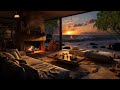 Cozy beach house  relaxing fireplace  sound of ocean waves for deep sleep  sunset ambience