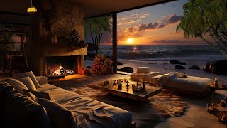 Cozy Beach House | Relaxing Fireplace &amp; Sound of Ocean Waves For Deep Sleep | Sunset Ambience