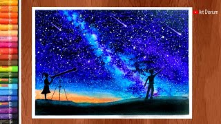 Milky Way Galaxy drawing with Oil Pastels for beginners - Step by Step