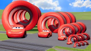 Big \& Small Long Spiral Lightning Mcqueen vs Trains | BeamNG.Drive