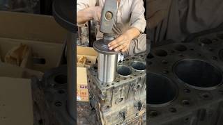 Satisfying expert mechanic fitting diesel engine cylinder sleeve amazing skills process