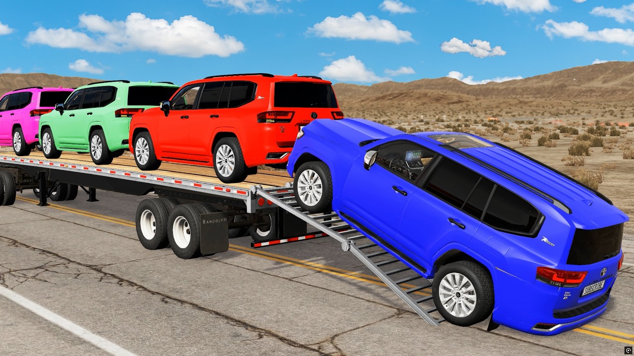 Triple Flatbed Trailer McQueen Transportation with Truck - Speedbumps vs Cars vs Train - BeamNG #08