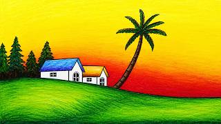 Easy Scenery Drawing | How To draw Village Scenery on a Green Hill at Sunset | Oil Pastel Drawing