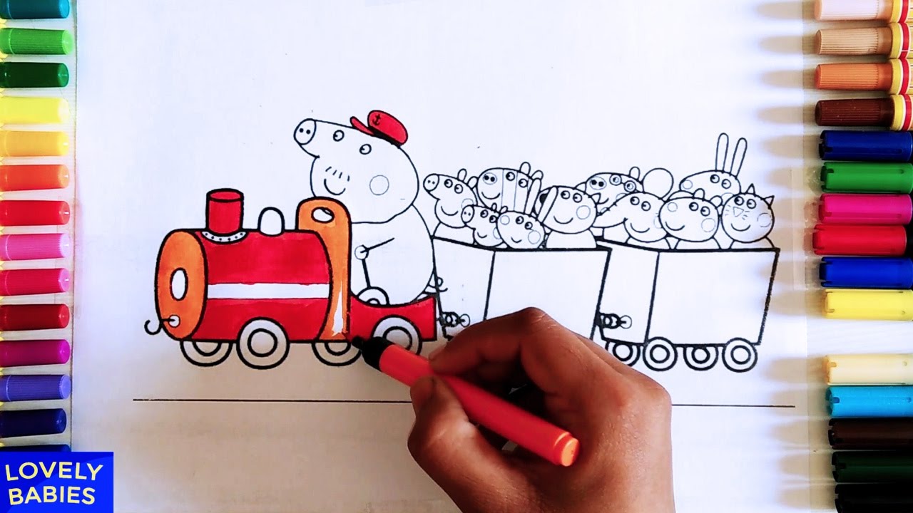 Disney Brilliant Coloring Book for kids Learn Colors with Peppa Pig Family in train Rainbow ...