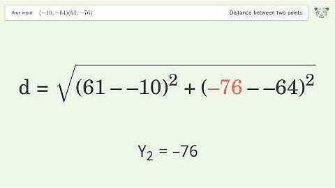 Find the distance between two points p1 (-10,-64) and p2 (61,-76): Step-by-Step Video Solution