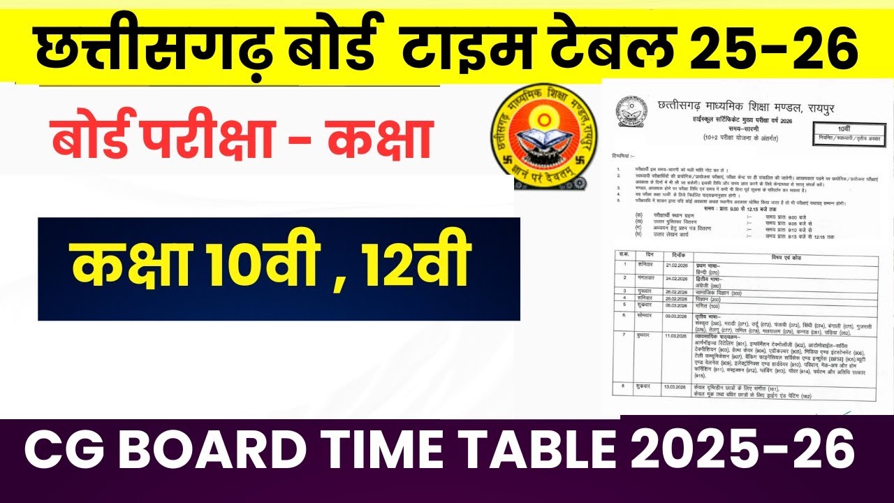 Cg Board Time Table 2025-26 || Cgbse Board Time Table Class 10th 12th 2026 ||