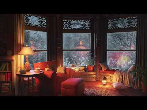 Relaxing Winter Snowfall in a Cozy Cabin Ambience with Fireplace Sounds