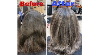 Light blonde balayage highlights on brunette hair/layered haircut/balayage hair before and after