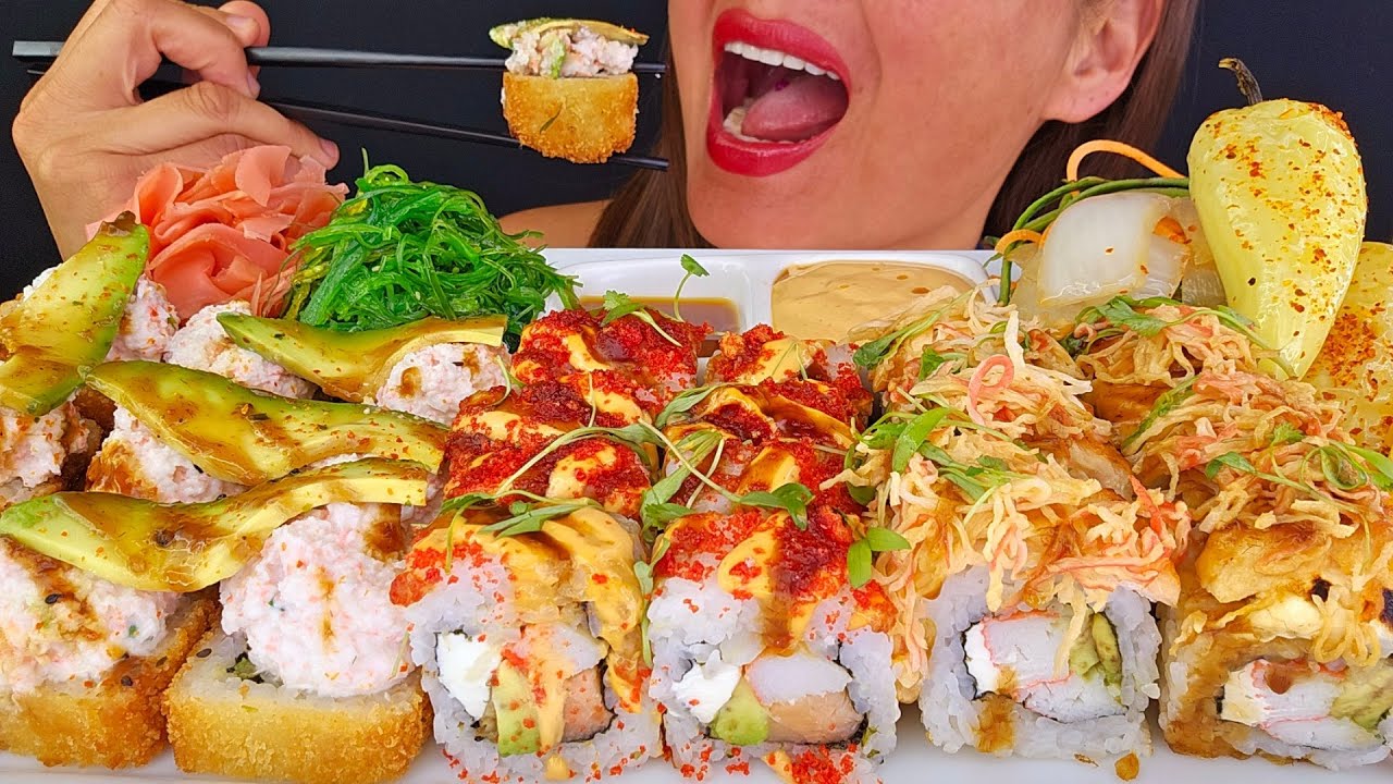 MEXICAN SUSHI ROLLS!  FRIED SUSHI ASMR MUKBANG OMAD CRUNCHY BIG BITES SEAFOOD