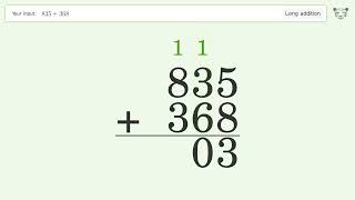 Long Addition Problem 835+368: Step-by-Step Video Solution | Tiger Algebra