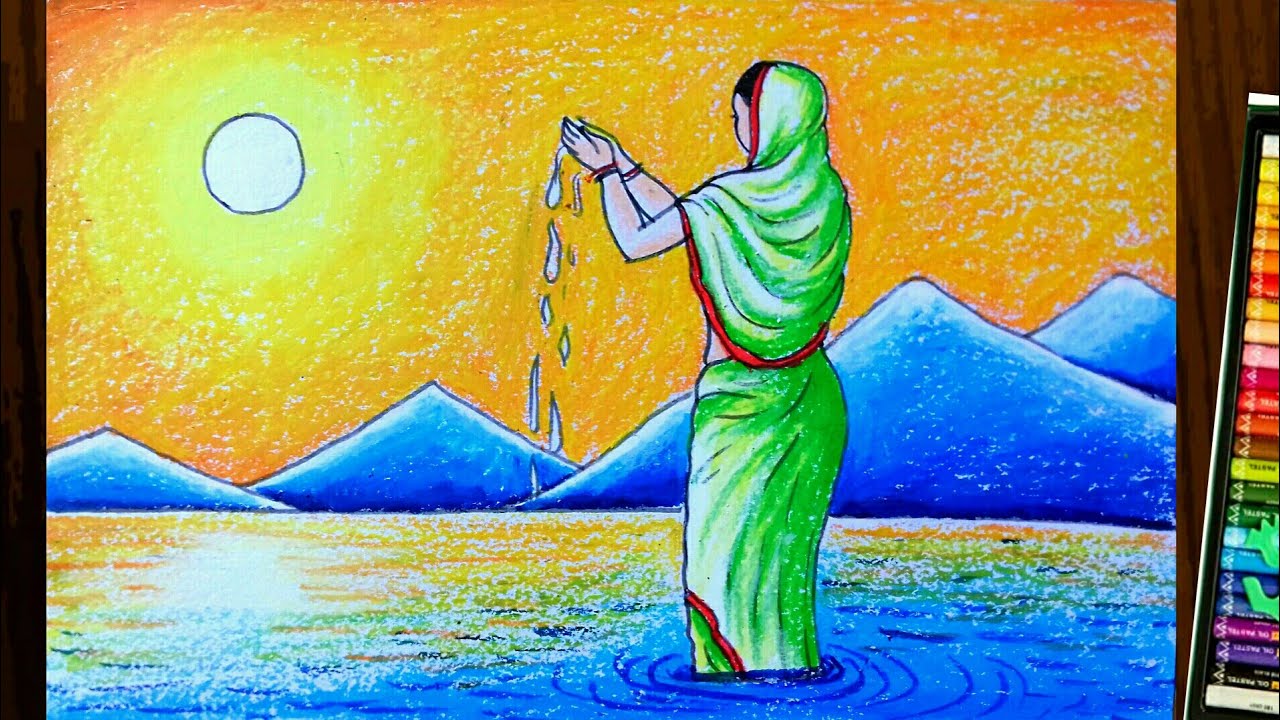 Chhath puja drawing, how to draw chhath puja drawing with oil pastel, easy  drawing - YouTube