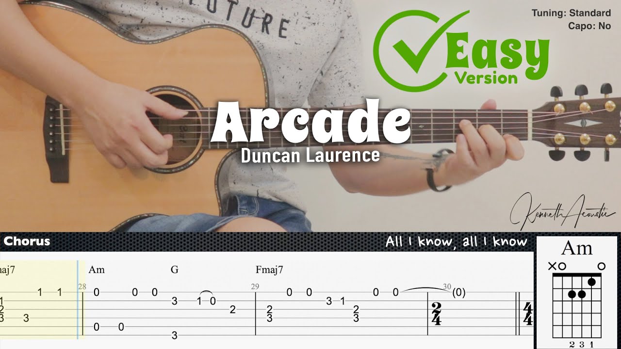 Arcade (Easy Version) Duncan Laurence Fingerstyle Guitar TAB + Chords + Lyrics YouTube Music