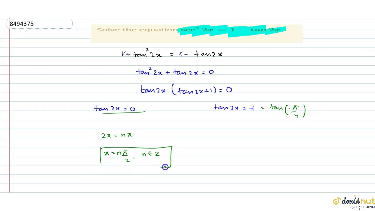 Solve The Equation Sec 2 2x 1 Tan 2x Youtube