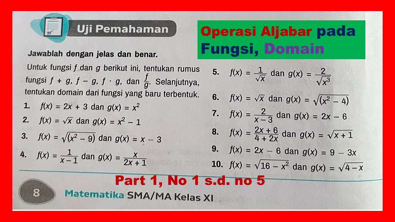 Untuk fungsi f dan g berikut ini tentukan rumus fungsi f + g, f - g, f.g, dan f/g... part1