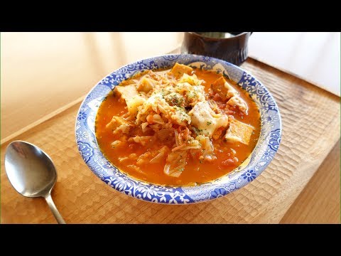 もち麦と厚揚げ　キャベツのトマトチーズスープ Tomato soup Deep fried tofu Soy meat