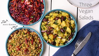 Three (vegan) salads: Mediterranean potato salad - Lentil salad - Red cabbage salad.