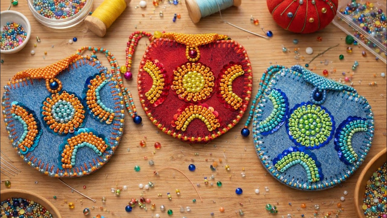Monedero Artesanal con Jeans Reciclado 💙 Bordado con Mostacillas y Lentejuelas