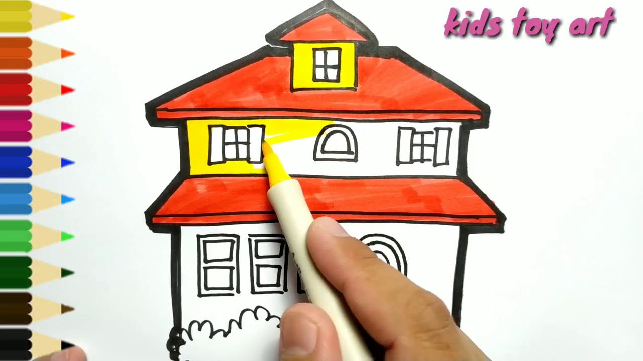 Very Easy How To Draw Beautiful House Drawing And Coloring For Kids Toddlers Youtube