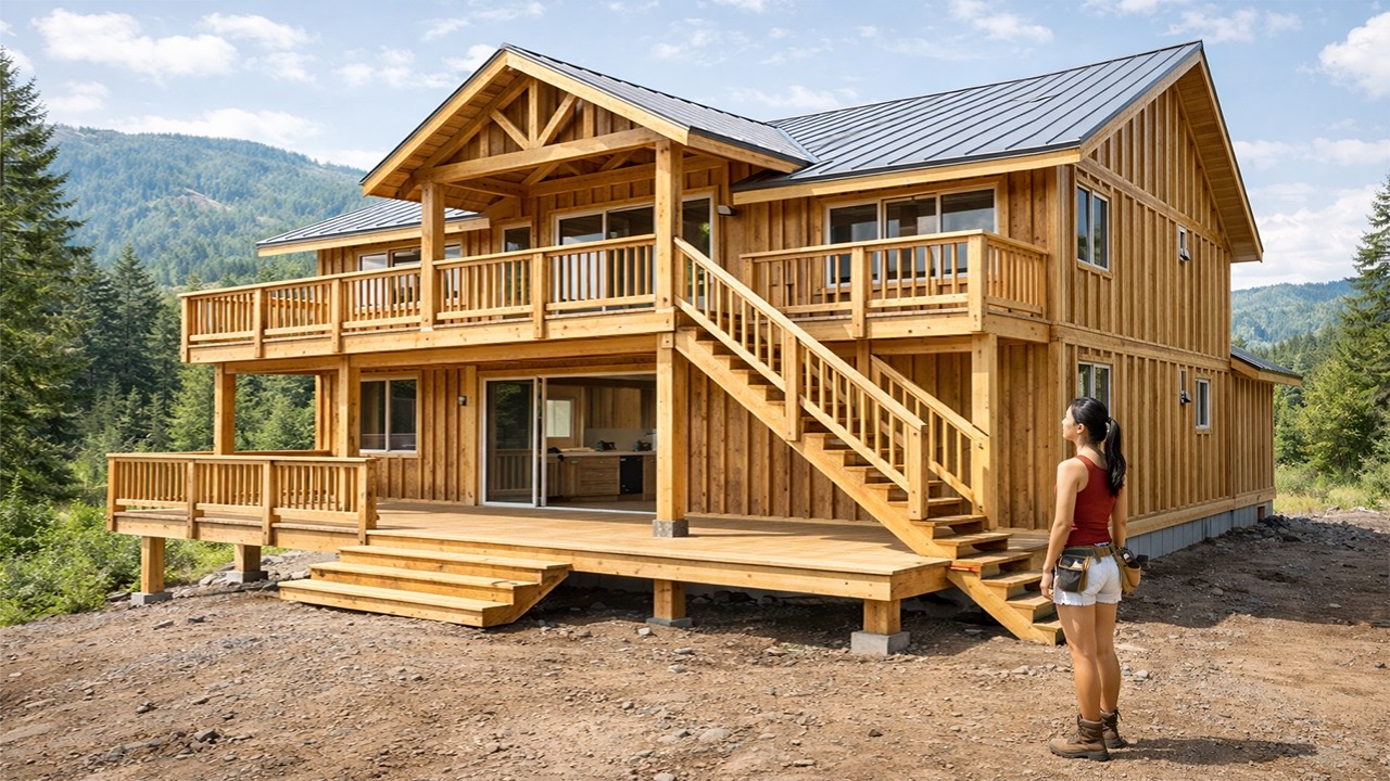 The young woman spent 320 days building her dream two-story wooden house, a truly remarkable feat
