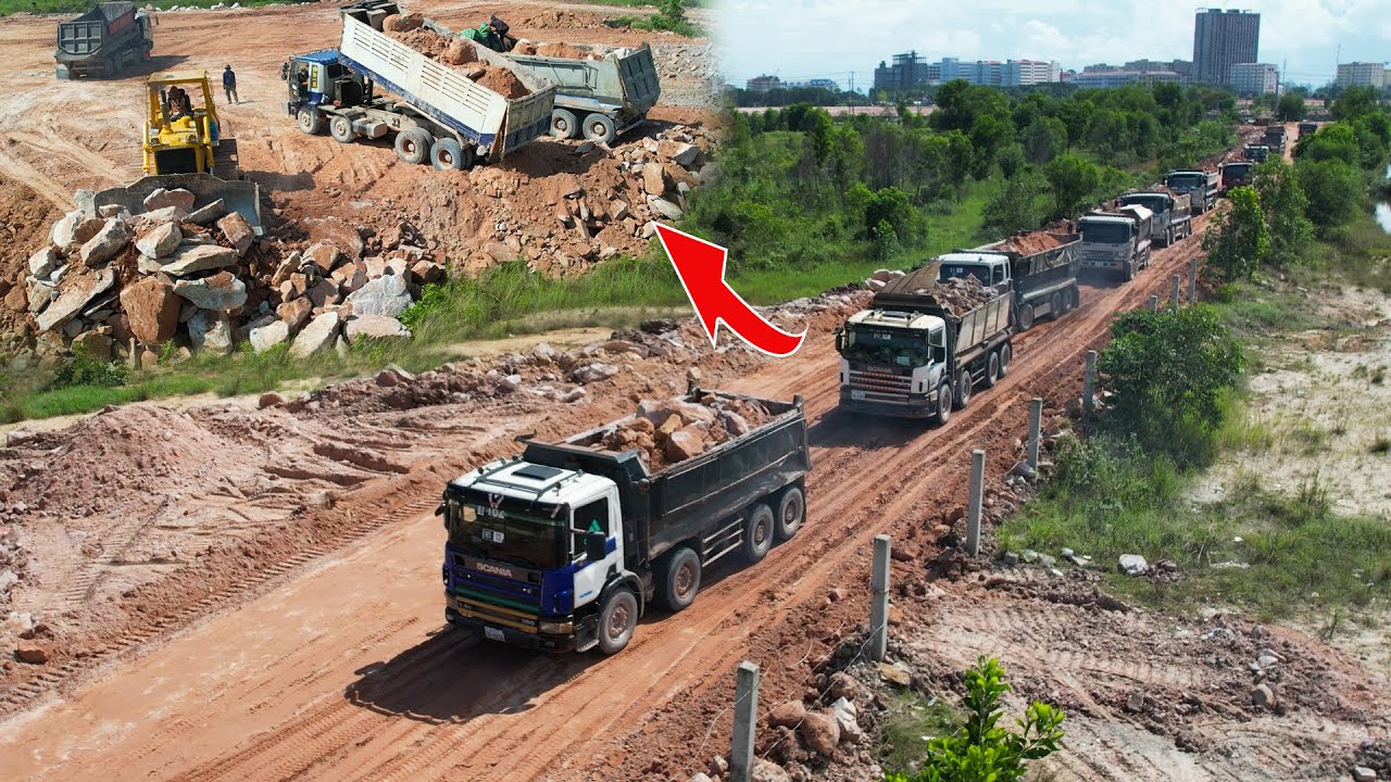 Episode 1| New Project Land Filling With Mountain Rock, Dozer Push Rock, Dump Truck Unloading Rock