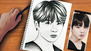 تعليم رسم جونغكوك بالرصاص خطوه بخطوه للمبتدئين بطريقة سهلة بالمقاسات | Easy Sketch Drawing of BTS