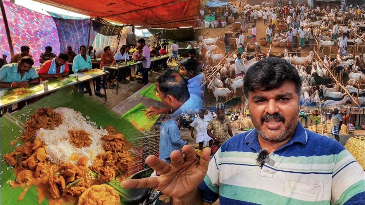 தீபாவளி ஆட்டு சந்தை கறி சாப்பாடு | ஒரே இலையில் குடல் கறி மட்டன் குழம்பு தலைக்கறி கோழிக்கறி