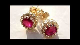 Estate Red Round Cut Natural Ruby Diamond 14k Yellow Solid Gold Studs Earrings