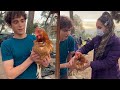 Joshua Bassett &amp; Sofia Wylie holding a chicken on the set of hsmtmts