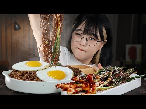 ASMR BLACK BEAN NOODLES & GREEN ONION KIMCHI MUKBANG | EATING SOUNDS