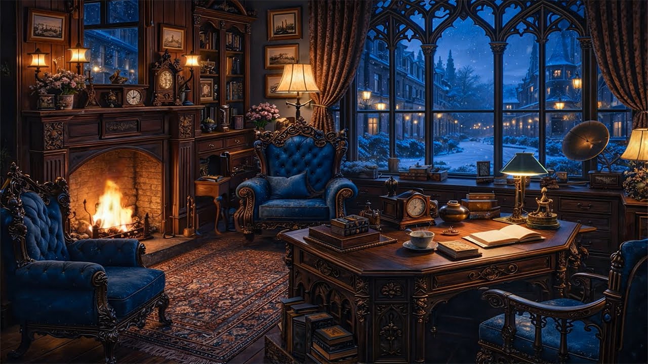 Winter Victorian Study Room by Fireplace🔥Dark Academia Piano & Violin Music for Reading, Deep Focus