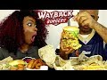 WAYBACK BURGERS TRIPLE TRIPLE CHALLENGE MUKBANG! MAC & CHEESE BITES, ONION RINGS, & OREO MUD PIE!