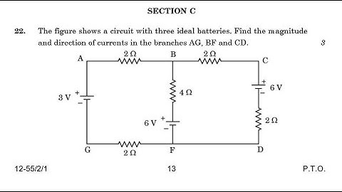 The figure shows a circuit with three ideal batteries  Find the magnitude and direction of currents