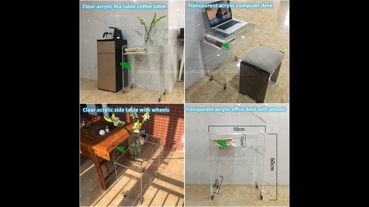 Home office furniture movable clear acrylic side table with wheels.