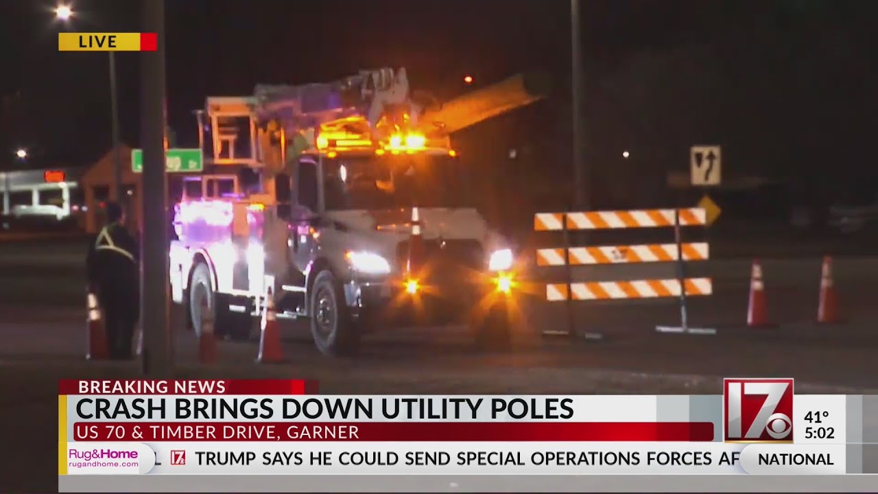 Crash brings down utility poles on US-70 in Garner - YouTube