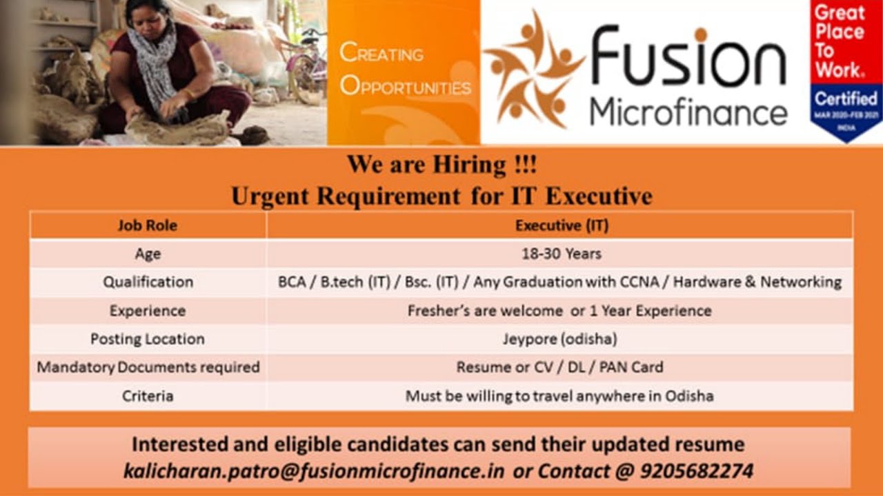 IT Excutive Vacancies in Fusion Microfinance || Jobs in Odisha || Kalia Yojana List 2021