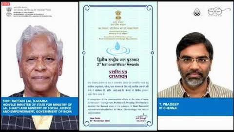 National Water Award 2010 to Prof T Pradeep, Institute Prof, IIT Madras, Prof - in-charge, ICCW