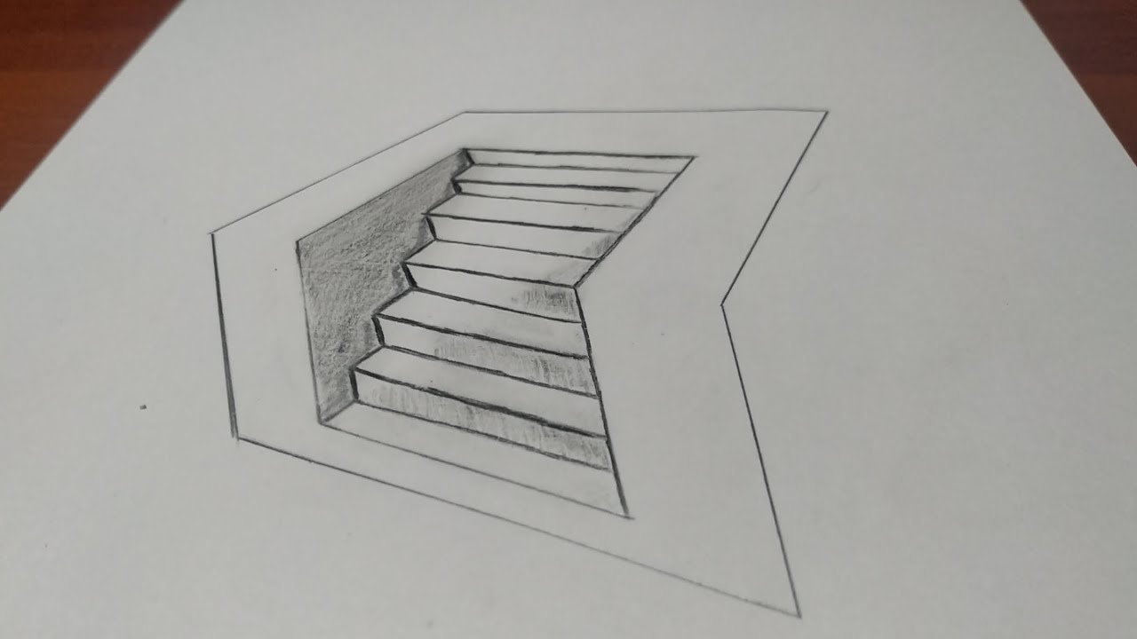 Как нарисовать 3д лестницу на бумаге поэтапно