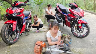 Genius girl Repairs heavily damaged motorbikes and lawn mowers like new repair girl
