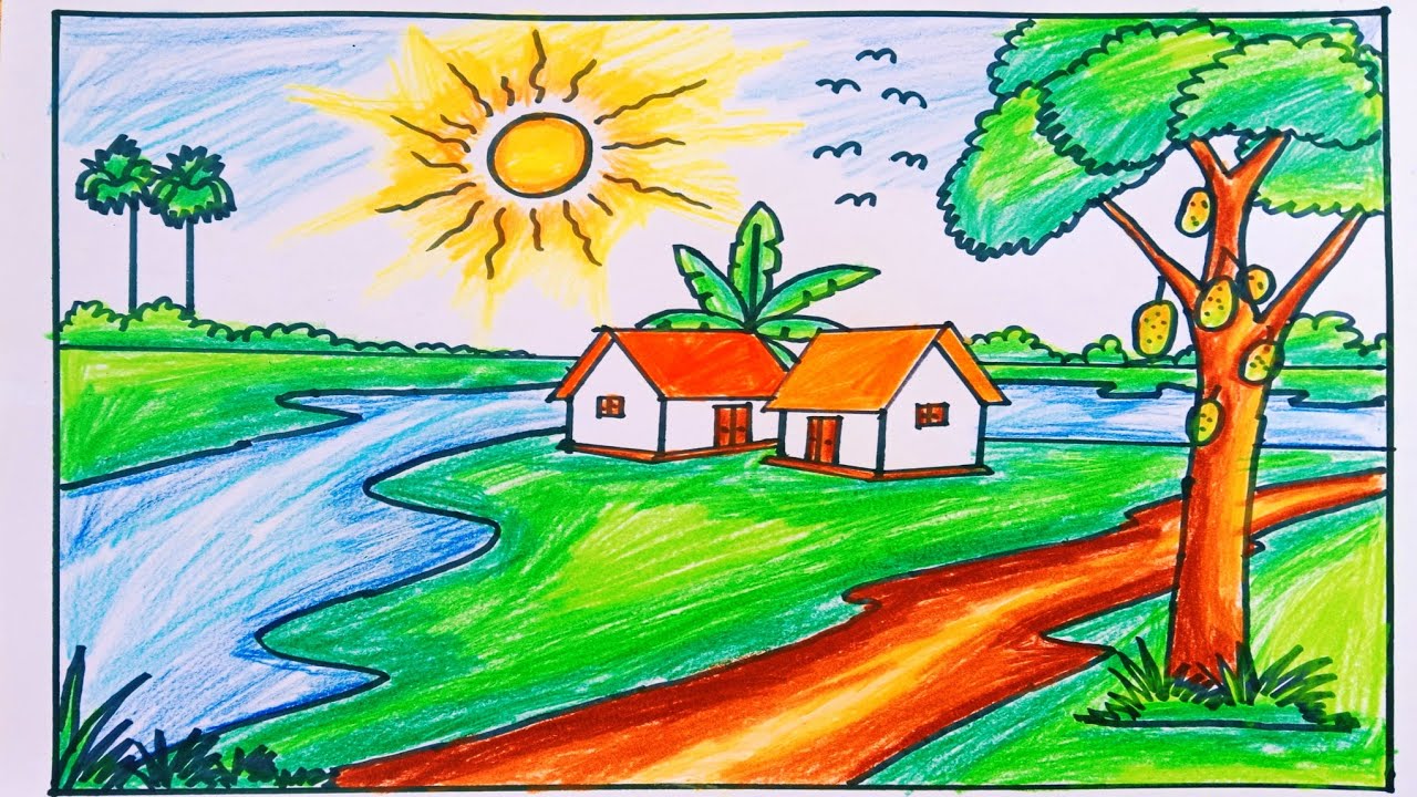 Drawing ideas//গ্রামের দৃশ্য আঁকা / Prakritik drishya drawing/chobi aka ...
