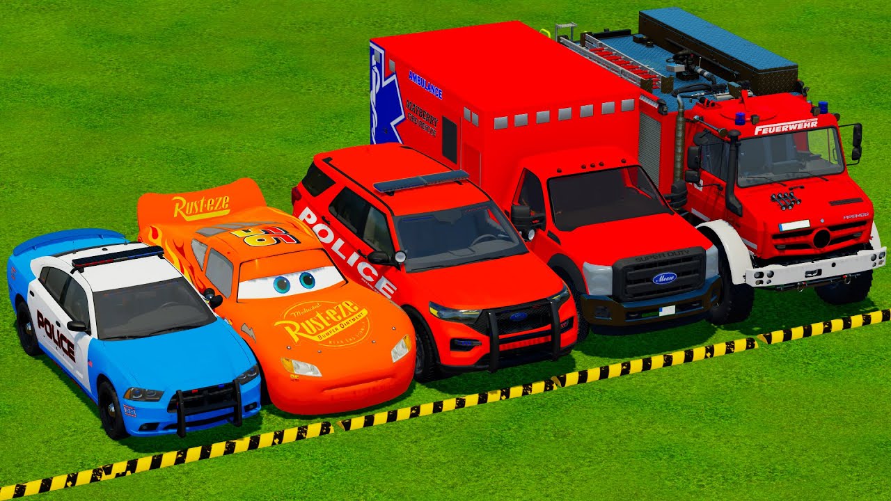 DACIA, MCQUEEN CAR سيارة ماكوين FORD POLICE CARS, AMBULANCE EMERGENCY TRANSPORTING WITH TRUCKS! FS22