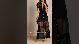 Collared Puff Sleeve Sheer Mesh Lace Trim Tiered Long Dress Button Front Smocked Waist #fashion
