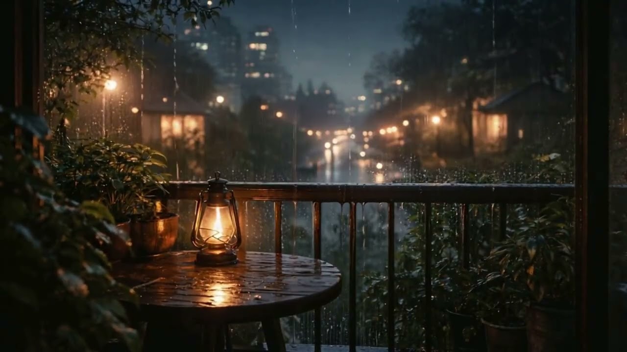 Rainy Night from Quiet Balcony ☔ Soft Lantern Glow ASMR
