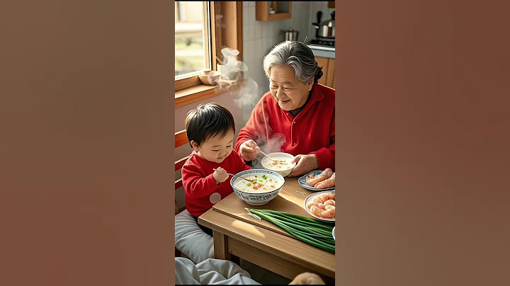 The baby and grandma eat delicious shrimp porridge together#baby#grandma with baby#cute#cute baby
