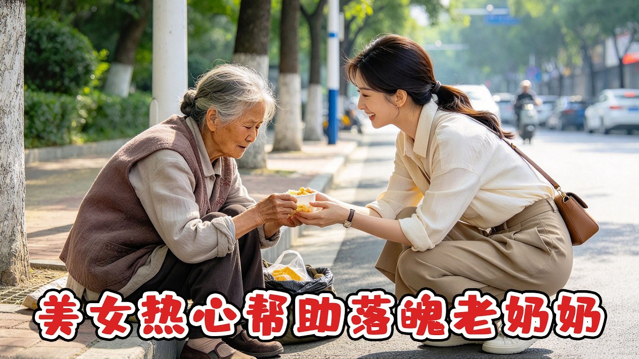 A kind woman helps a struggling grandmother on the street
